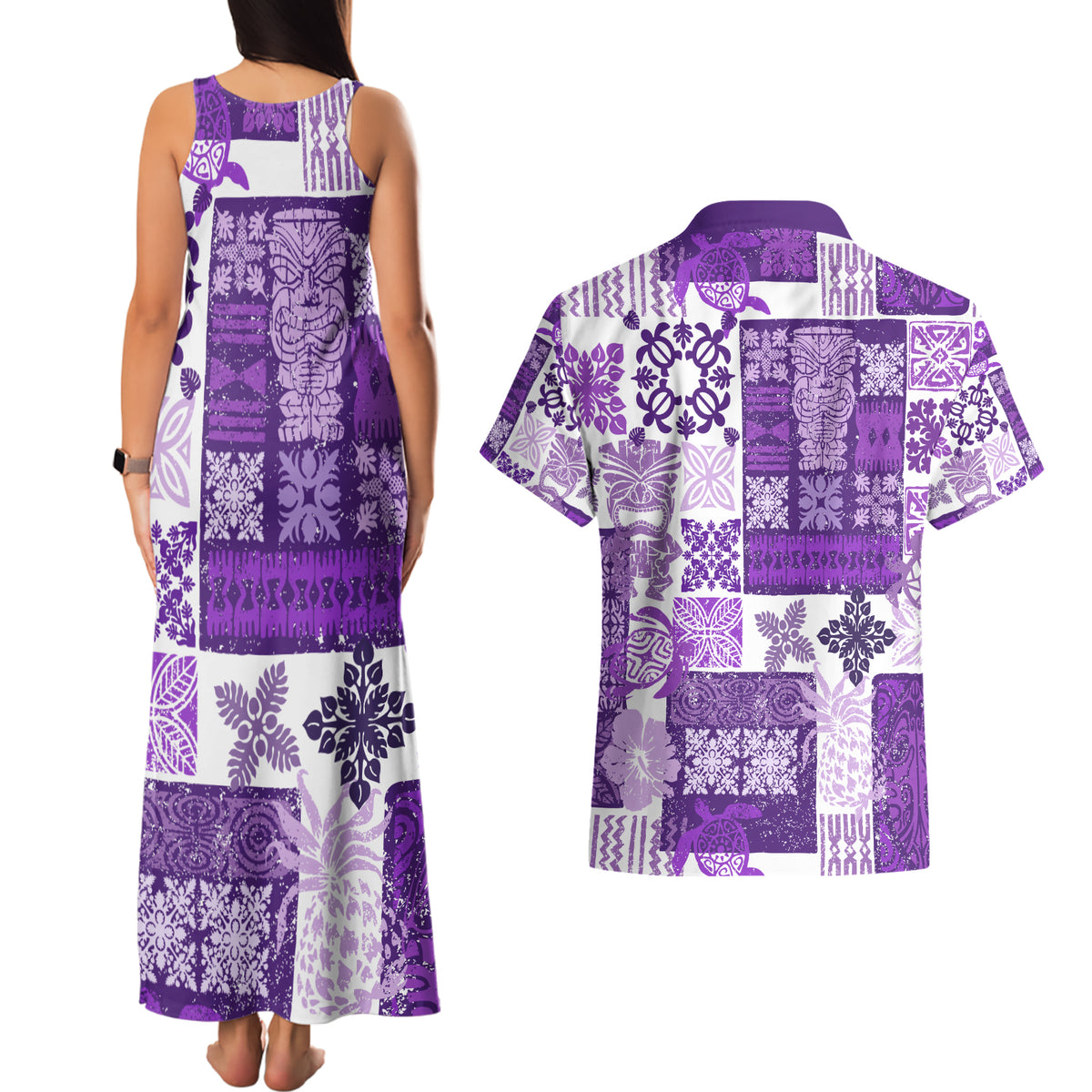 Hawaiian Quilt Couples Matching Tank Maxi Dress and Hawaiian Shirt Tiki Tropical Retro Purple Version - Wonder Print Shop