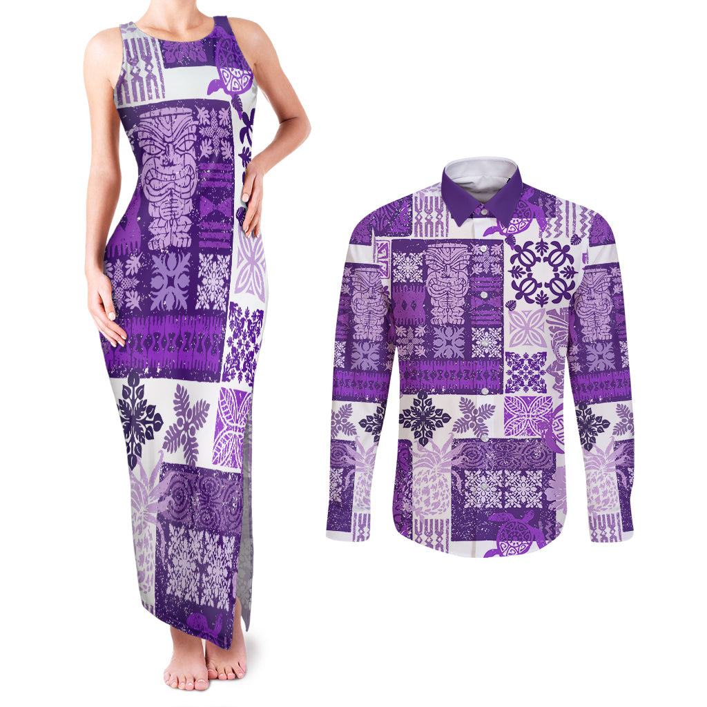 Hawaiian Quilt Couples Matching Tank Maxi Dress and Long Sleeve Button Shirt Tiki Tropical Retro Purple Version - Wonder Print Shop