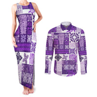 Hawaiian Quilt Couples Matching Tank Maxi Dress and Long Sleeve Button Shirt Tiki Tropical Retro Purple Version - Wonder Print Shop