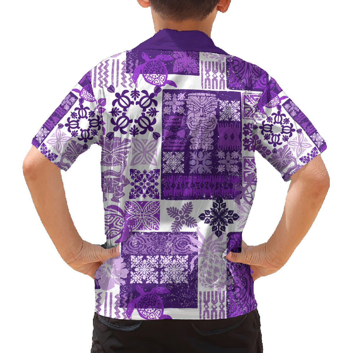 Hawaiian Quilt Family Matching Long Sleeve Bodycon Dress and Hawaiian Shirt Tiki Tropical Retro Purple Version - Wonder Print Shop