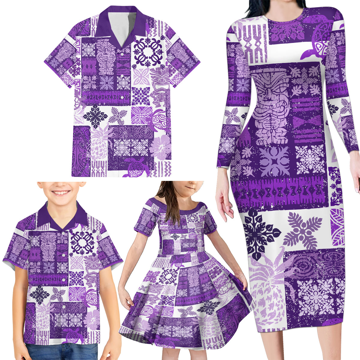 Hawaiian Quilt Family Matching Long Sleeve Bodycon Dress and Hawaiian Shirt Tiki Tropical Retro Purple Version - Wonder Print Shop