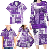 Hawaiian Quilt Family Matching Long Sleeve Bodycon Dress and Hawaiian Shirt Tiki Tropical Retro Purple Version - Wonder Print Shop