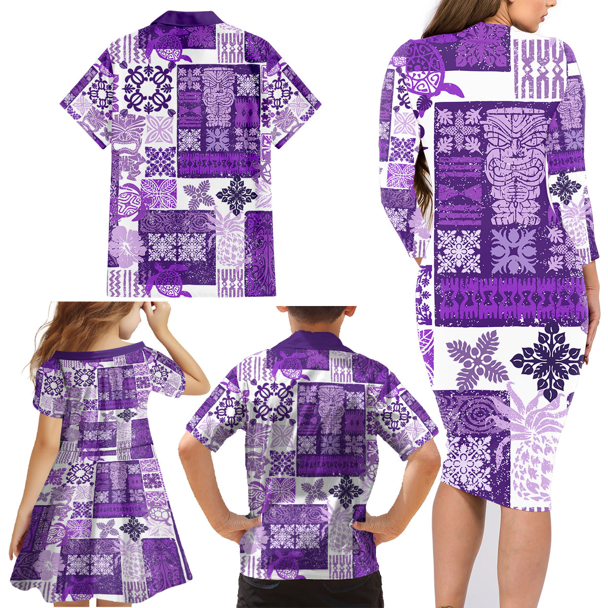 Hawaiian Quilt Family Matching Long Sleeve Bodycon Dress and Hawaiian Shirt Tiki Tropical Retro Purple Version - Wonder Print Shop