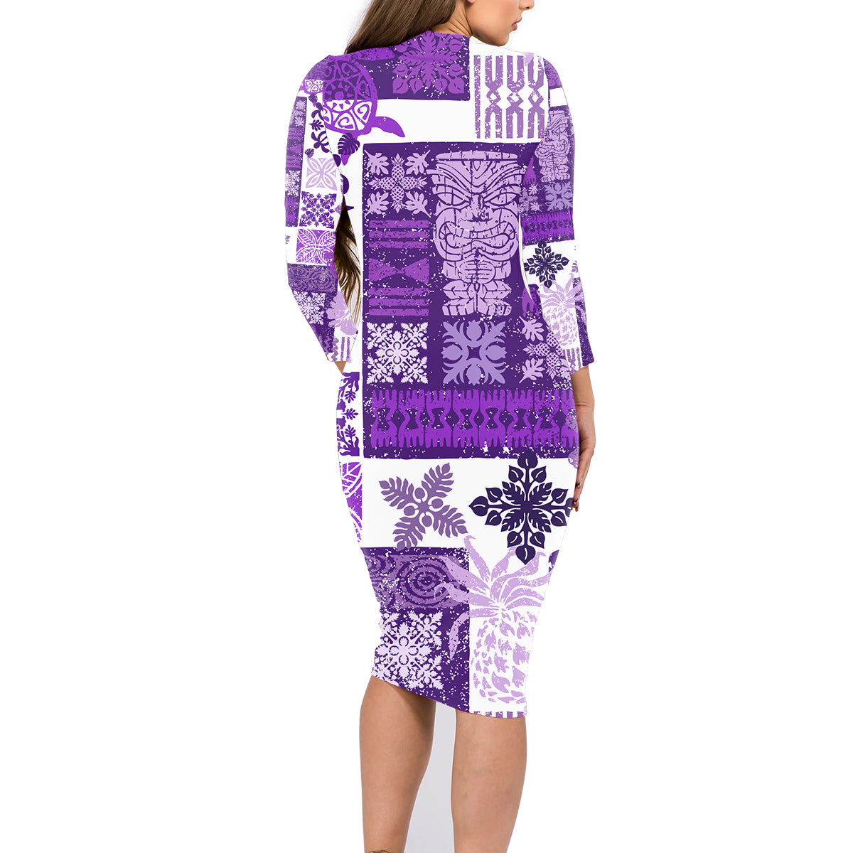 Hawaiian Quilt Family Matching Long Sleeve Bodycon Dress and Hawaiian Shirt Tiki Tropical Retro Purple Version - Wonder Print Shop