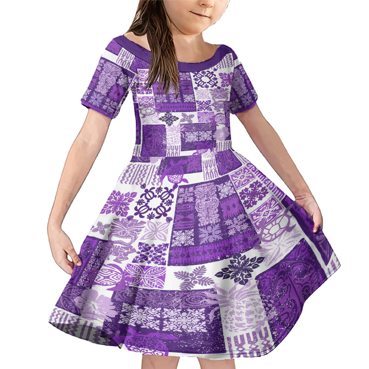 Hawaiian Quilt Family Matching Mermaid Dress and Hawaiian Shirt Tiki Tropical Retro Purple Version - Wonder Print Shop
