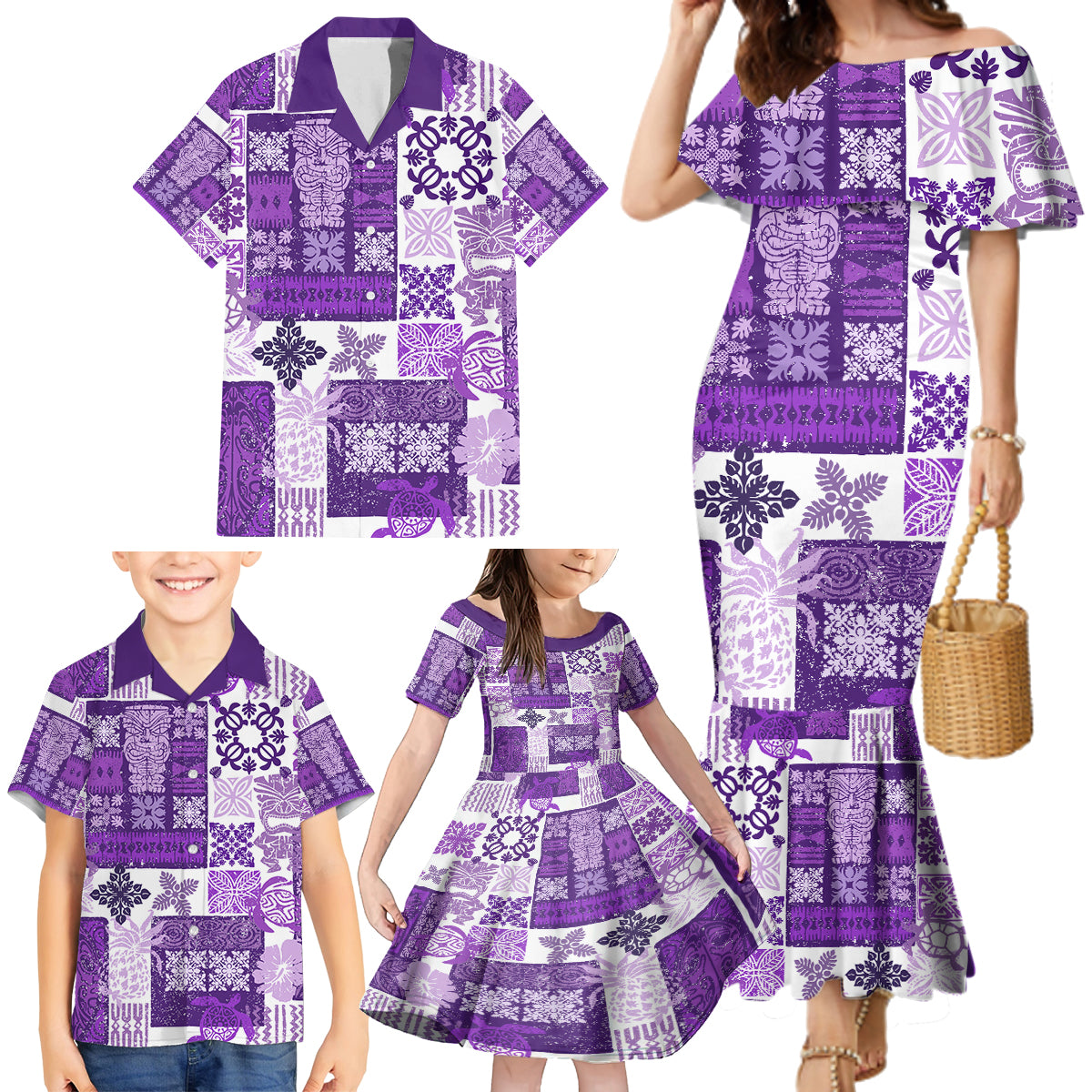 Hawaiian Quilt Family Matching Mermaid Dress and Hawaiian Shirt Tiki Tropical Retro Purple Version - Wonder Print Shop