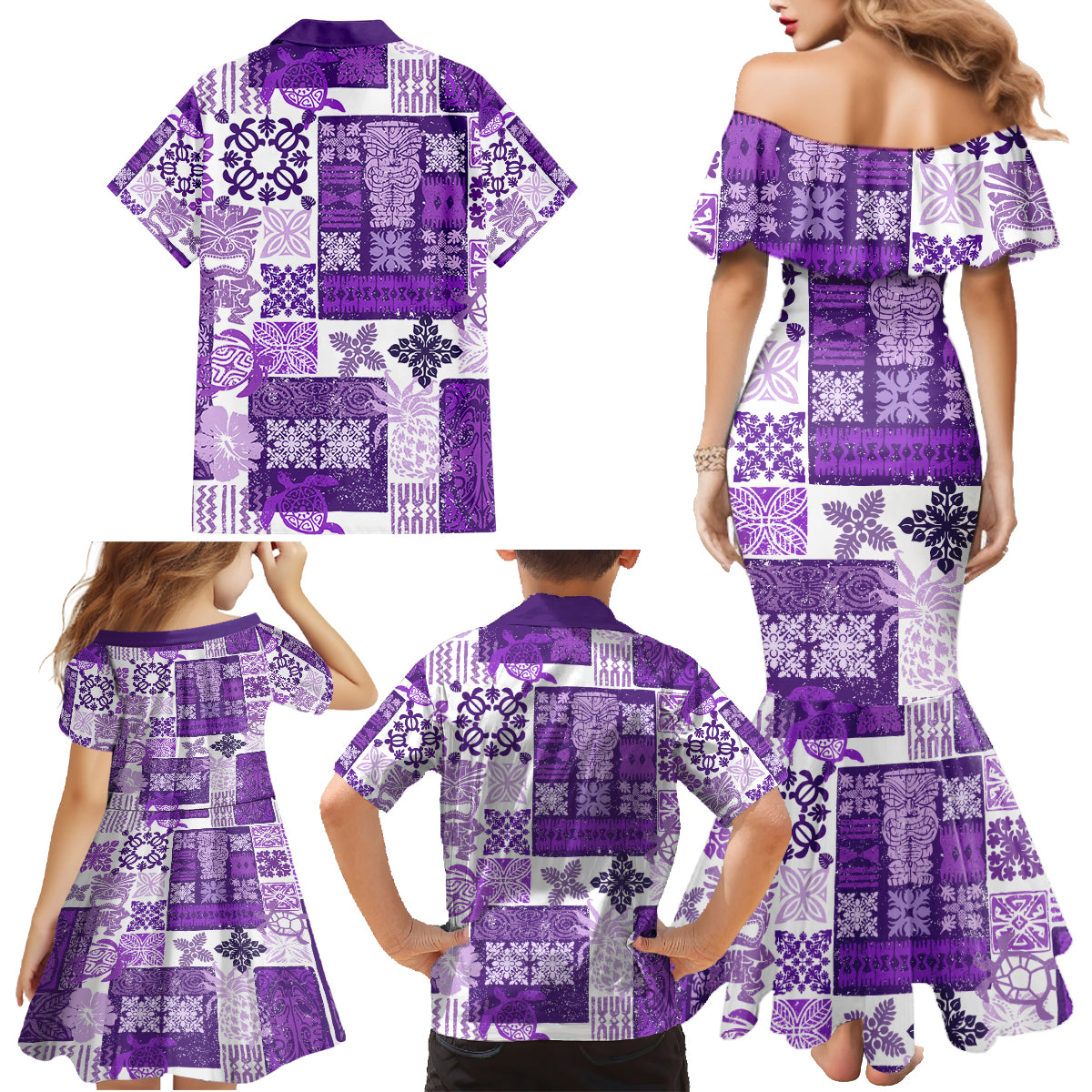 Hawaiian Quilt Family Matching Mermaid Dress and Hawaiian Shirt Tiki Tropical Retro Purple Version - Wonder Print Shop