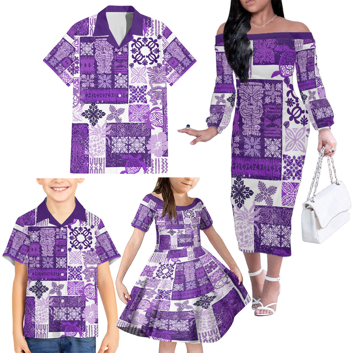 Hawaiian Quilt Family Matching Off Shoulder Long Sleeve Dress and Hawaiian Shirt Tiki Tropical Retro Purple Version - Wonder Print Shop