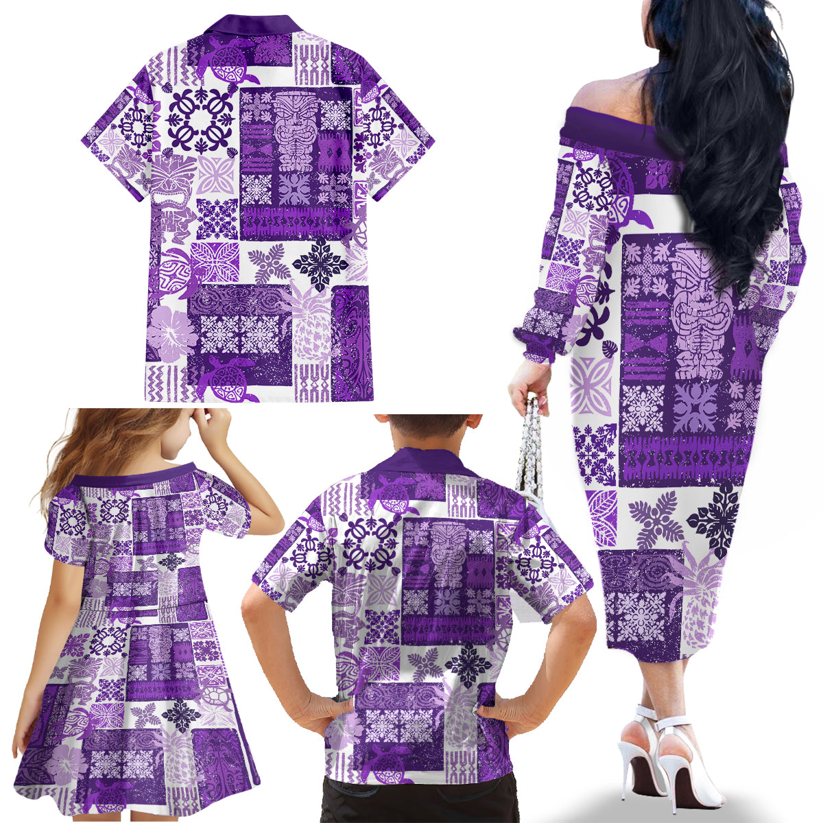 Hawaiian Quilt Family Matching Off Shoulder Long Sleeve Dress and Hawaiian Shirt Tiki Tropical Retro Purple Version - Wonder Print Shop