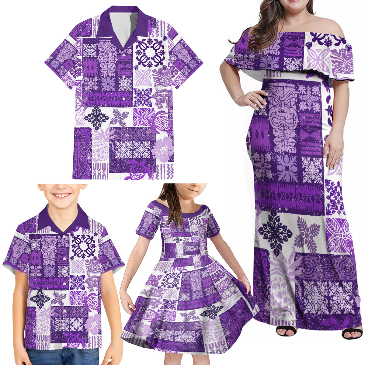 Hawaiian Quilt Family Matching Off Shoulder Maxi Dress and Hawaiian Shirt Tiki Tropical Retro Purple Version - Wonder Print Shop