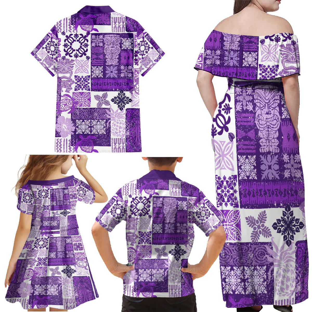 Hawaiian Quilt Family Matching Off Shoulder Maxi Dress and Hawaiian Shirt Tiki Tropical Retro Purple Version - Wonder Print Shop