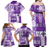 Hawaiian Quilt Family Matching Off Shoulder Maxi Dress and Hawaiian Shirt Tiki Tropical Retro Purple Version - Wonder Print Shop