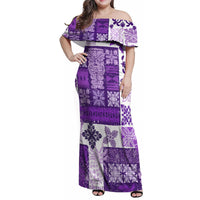 Hawaiian Quilt Family Matching Off Shoulder Maxi Dress and Hawaiian Shirt Tiki Tropical Retro Purple Version - Wonder Print Shop
