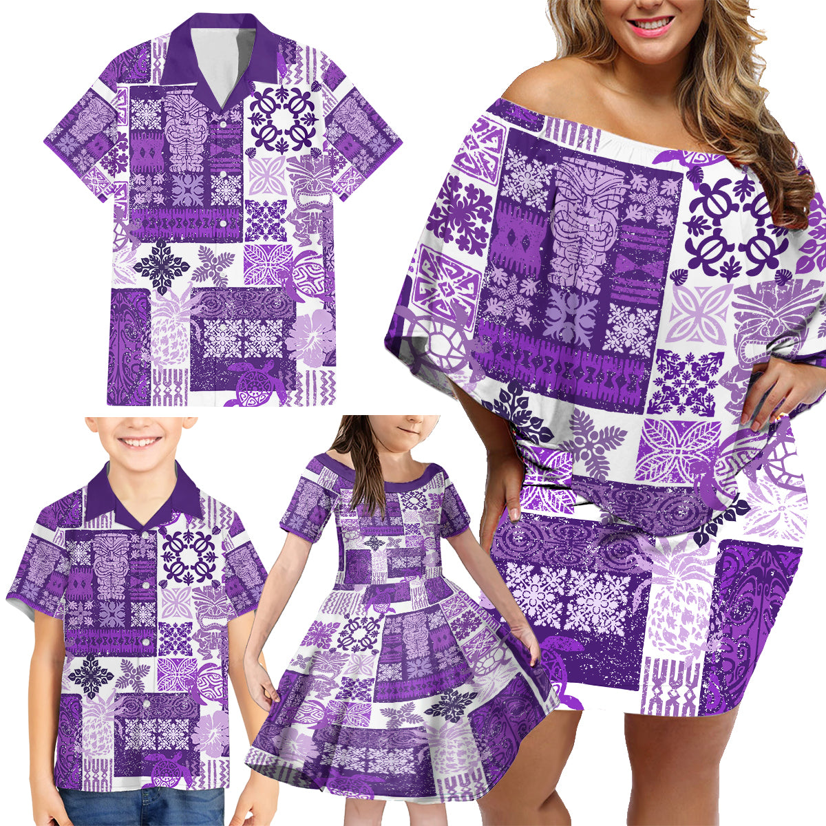 Hawaiian Quilt Family Matching Off Shoulder Short Dress and Hawaiian Shirt Tiki Tropical Retro Purple Version - Wonder Print Shop