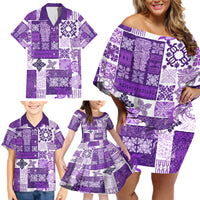 Hawaiian Quilt Family Matching Off Shoulder Short Dress and Hawaiian Shirt Tiki Tropical Retro Purple Version - Wonder Print Shop