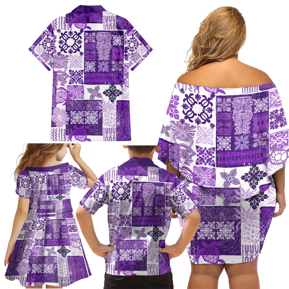 Hawaiian Quilt Family Matching Off Shoulder Short Dress and Hawaiian Shirt Tiki Tropical Retro Purple Version - Wonder Print Shop