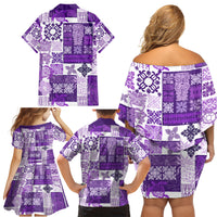 Hawaiian Quilt Family Matching Off Shoulder Short Dress and Hawaiian Shirt Tiki Tropical Retro Purple Version - Wonder Print Shop