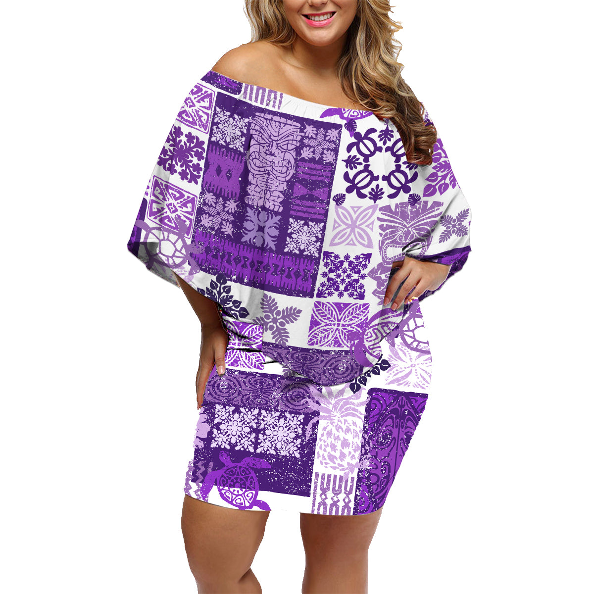 Hawaiian Quilt Family Matching Off Shoulder Short Dress and Hawaiian Shirt Tiki Tropical Retro Purple Version - Wonder Print Shop
