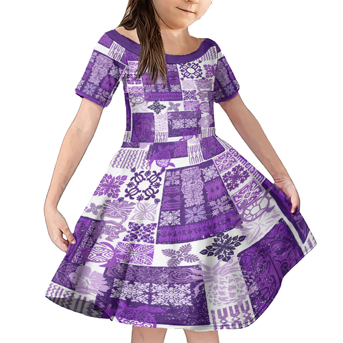 Hawaiian Quilt Family Matching Puletasi Dress and Hawaiian Shirt Tiki Tropical Retro Purple Version - Wonder Print Shop