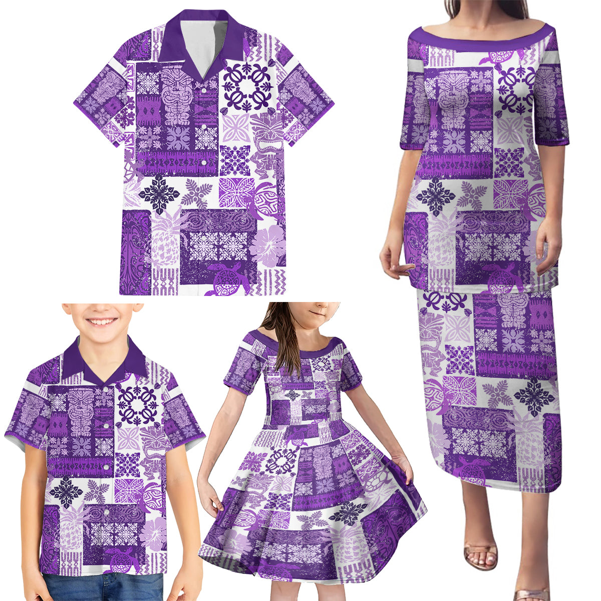 Hawaiian Quilt Family Matching Puletasi Dress and Hawaiian Shirt Tiki Tropical Retro Purple Version - Wonder Print Shop
