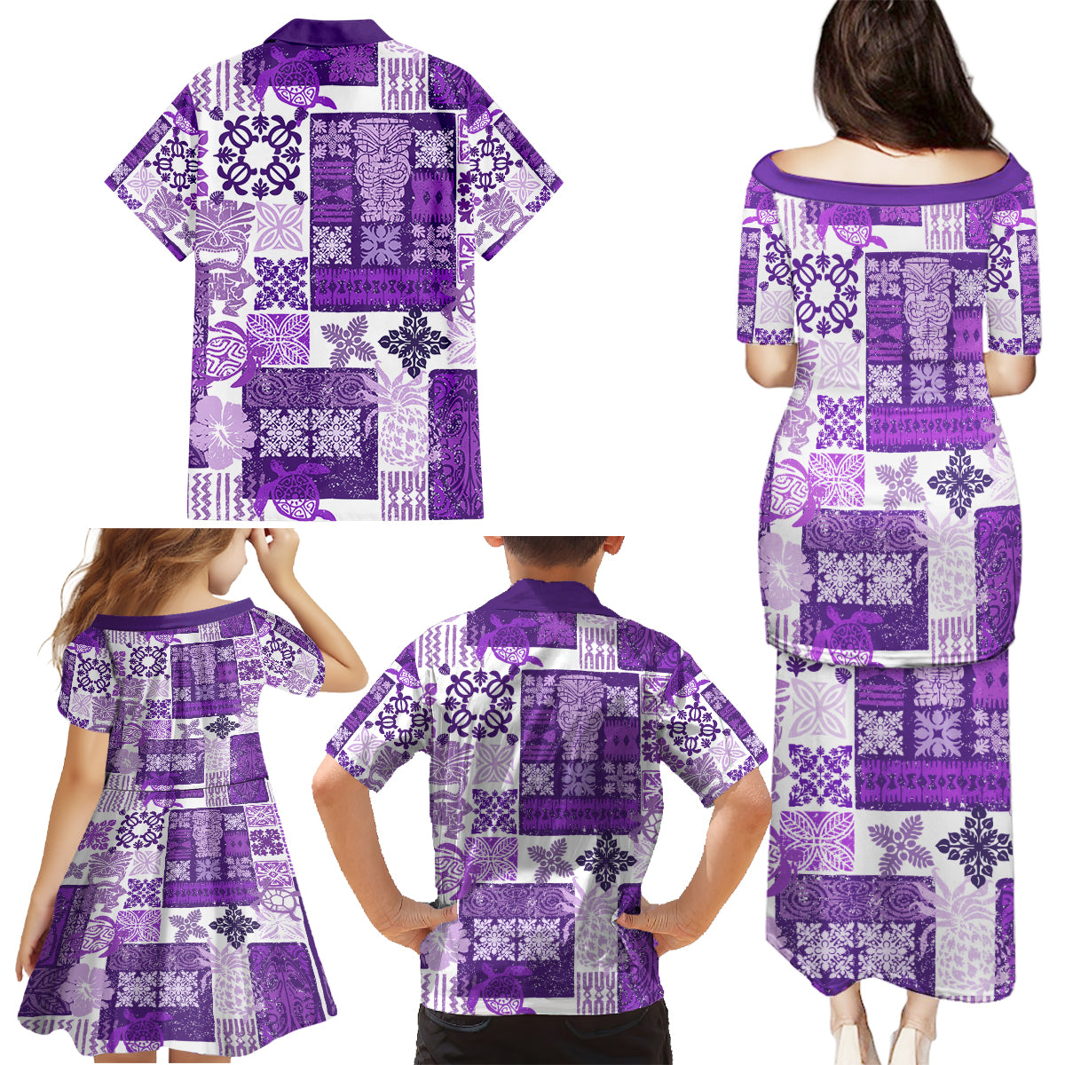 Hawaiian Quilt Family Matching Puletasi Dress and Hawaiian Shirt Tiki Tropical Retro Purple Version - Wonder Print Shop
