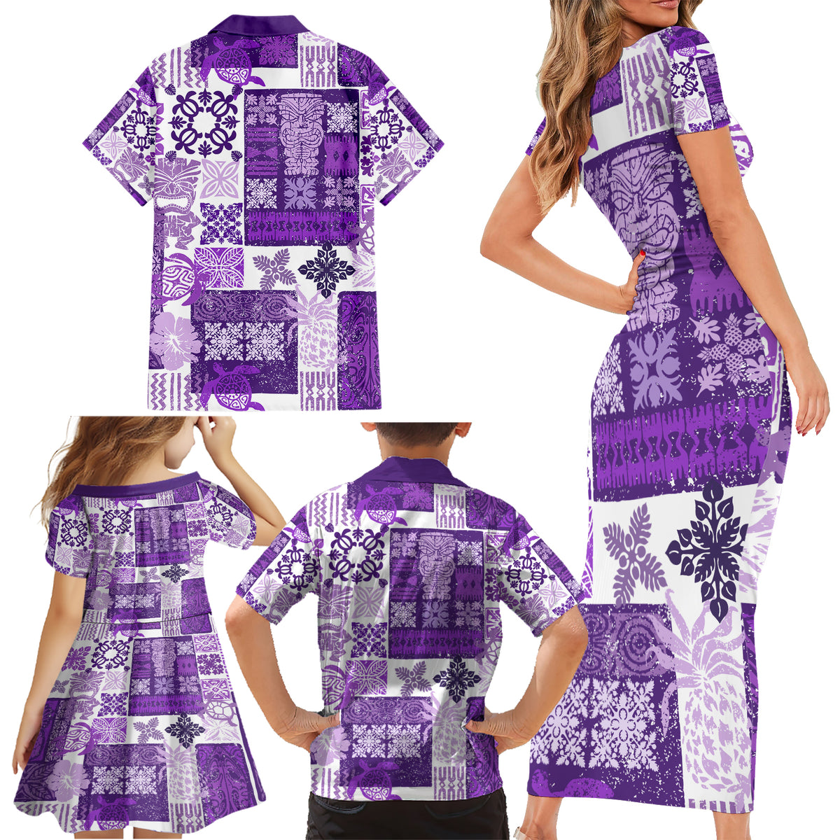 Hawaiian Quilt Family Matching Short Sleeve Bodycon Dress and Hawaiian Shirt Tiki Tropical Retro Purple Version - Wonder Print Shop