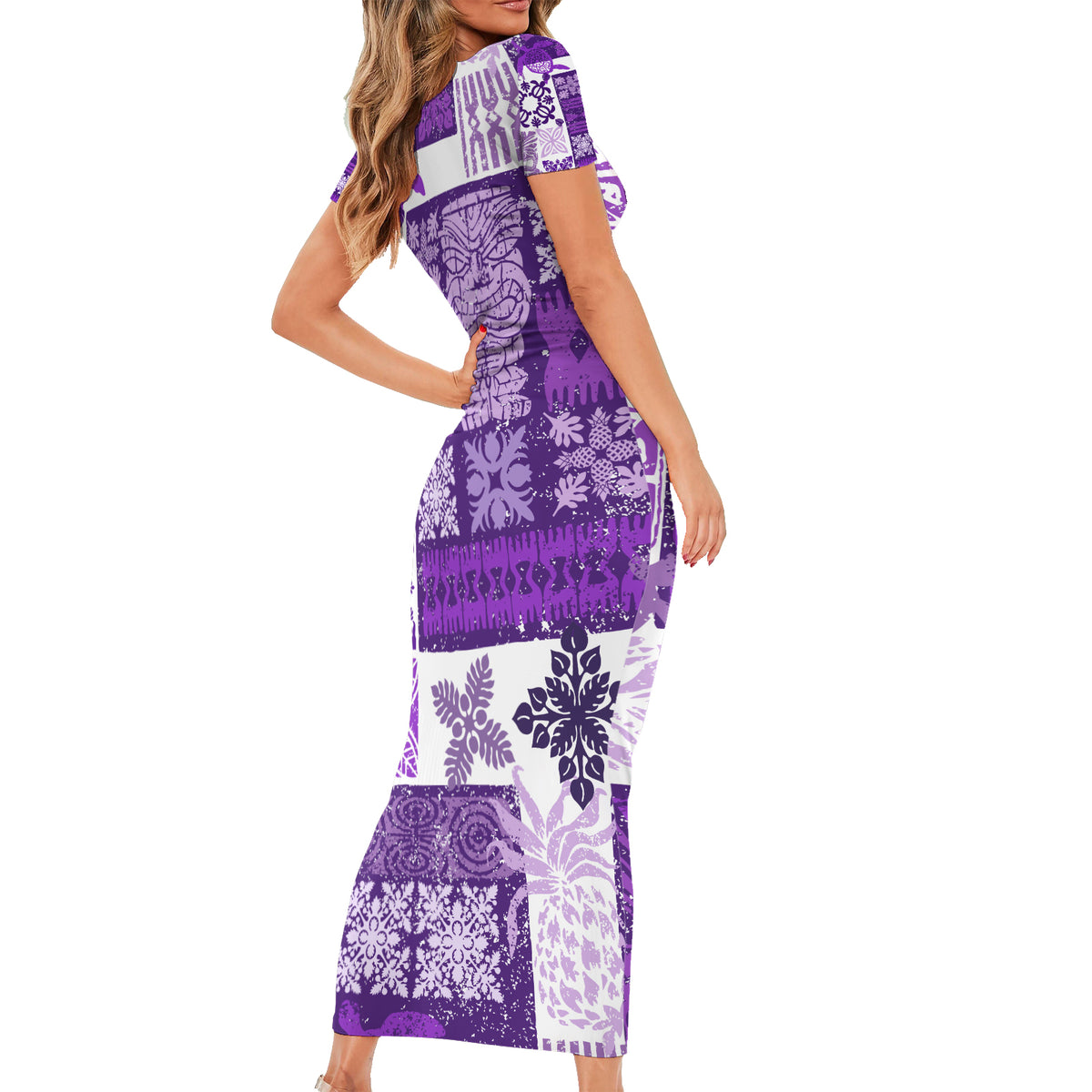 Hawaiian Quilt Family Matching Short Sleeve Bodycon Dress and Hawaiian Shirt Tiki Tropical Retro Purple Version - Wonder Print Shop