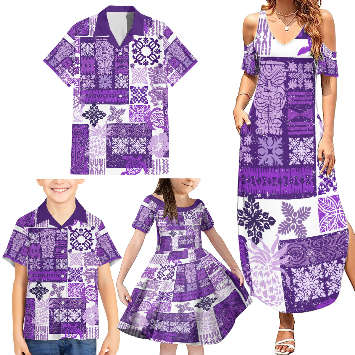 Hawaiian Quilt Family Matching Summer Maxi Dress and Hawaiian Shirt Tiki Tropical Retro Purple Version - Wonder Print Shop