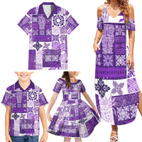 Hawaiian Quilt Family Matching Summer Maxi Dress and Hawaiian Shirt Tiki Tropical Retro Purple Version - Wonder Print Shop