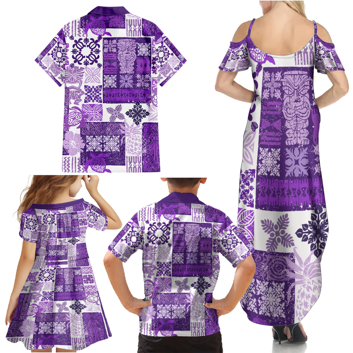 Hawaiian Quilt Family Matching Summer Maxi Dress and Hawaiian Shirt Tiki Tropical Retro Purple Version - Wonder Print Shop