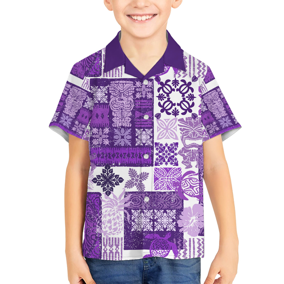 Hawaiian Quilt Family Matching Summer Maxi Dress and Hawaiian Shirt Tiki Tropical Retro Purple Version - Wonder Print Shop