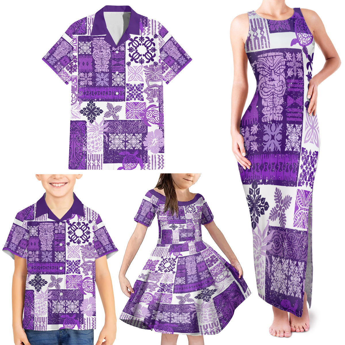 Hawaiian Quilt Family Matching Tank Maxi Dress and Hawaiian Shirt Tiki Tropical Retro Purple Version - Wonder Print Shop