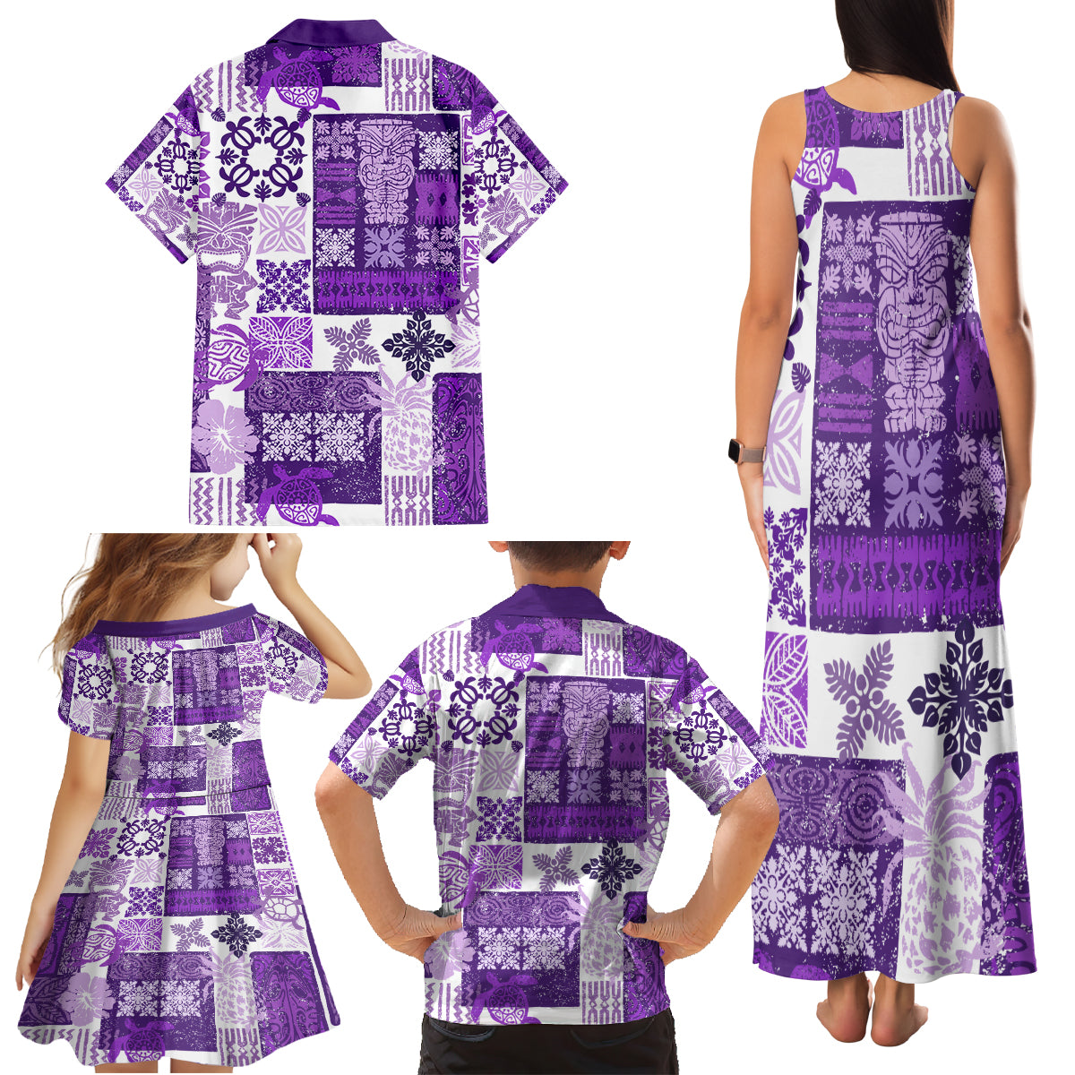 Hawaiian Quilt Family Matching Tank Maxi Dress and Hawaiian Shirt Tiki Tropical Retro Purple Version - Wonder Print Shop