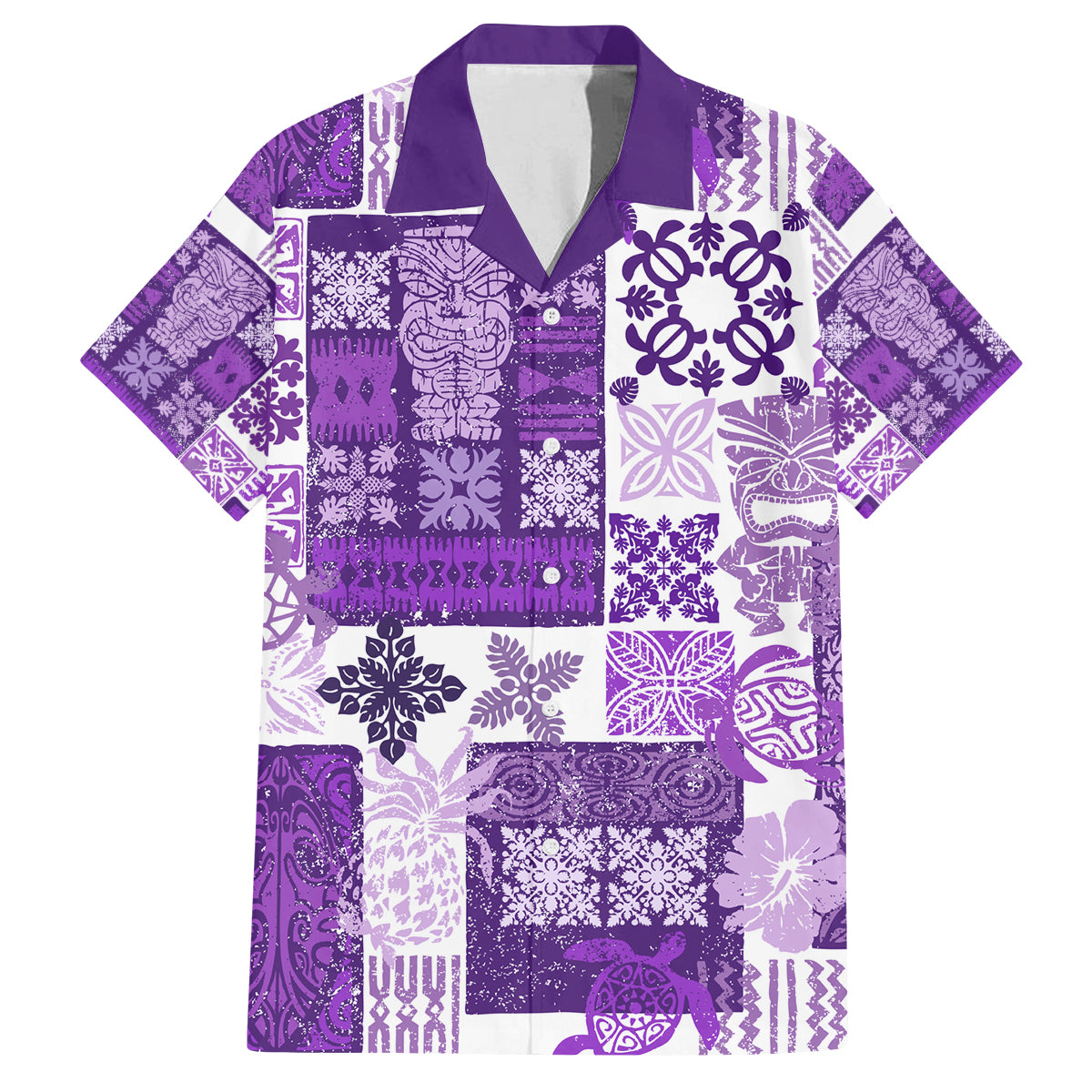 Hawaiian Quilt Family Matching Tank Maxi Dress and Hawaiian Shirt Tiki Tropical Retro Purple Version - Wonder Print Shop