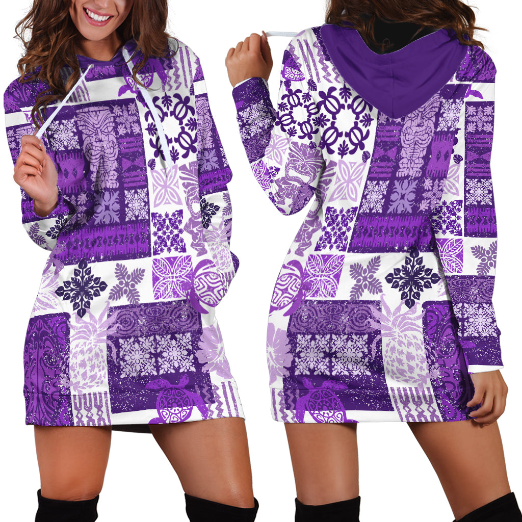 Hawaiian Quilt Hoodie Dress Tiki Tropical Retro Purple Version - Wonder Print Shop