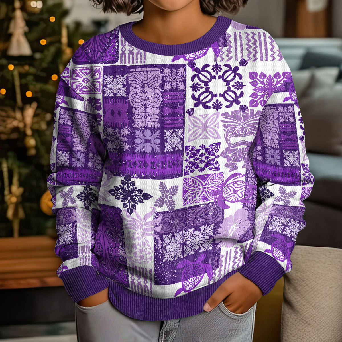 Hawaiian Quilt Kid Ugly Christmas Sweater Tiki Tropical Retro Purple Version - Wonder Print Shop