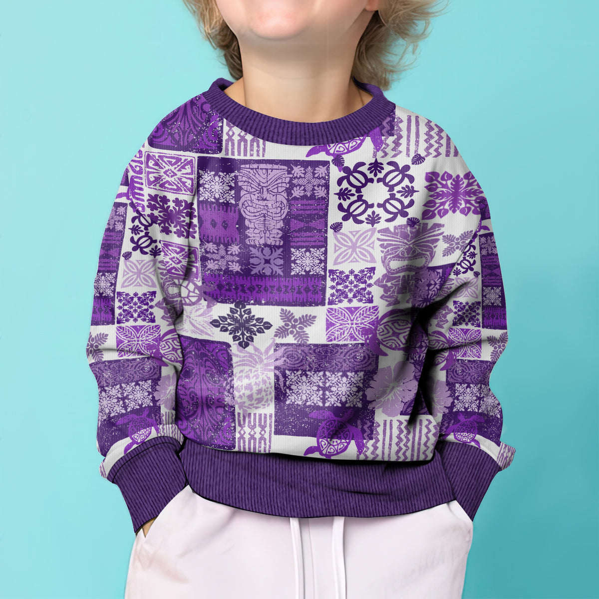 Hawaiian Quilt Kid Ugly Christmas Sweater Tiki Tropical Retro Purple Version - Wonder Print Shop