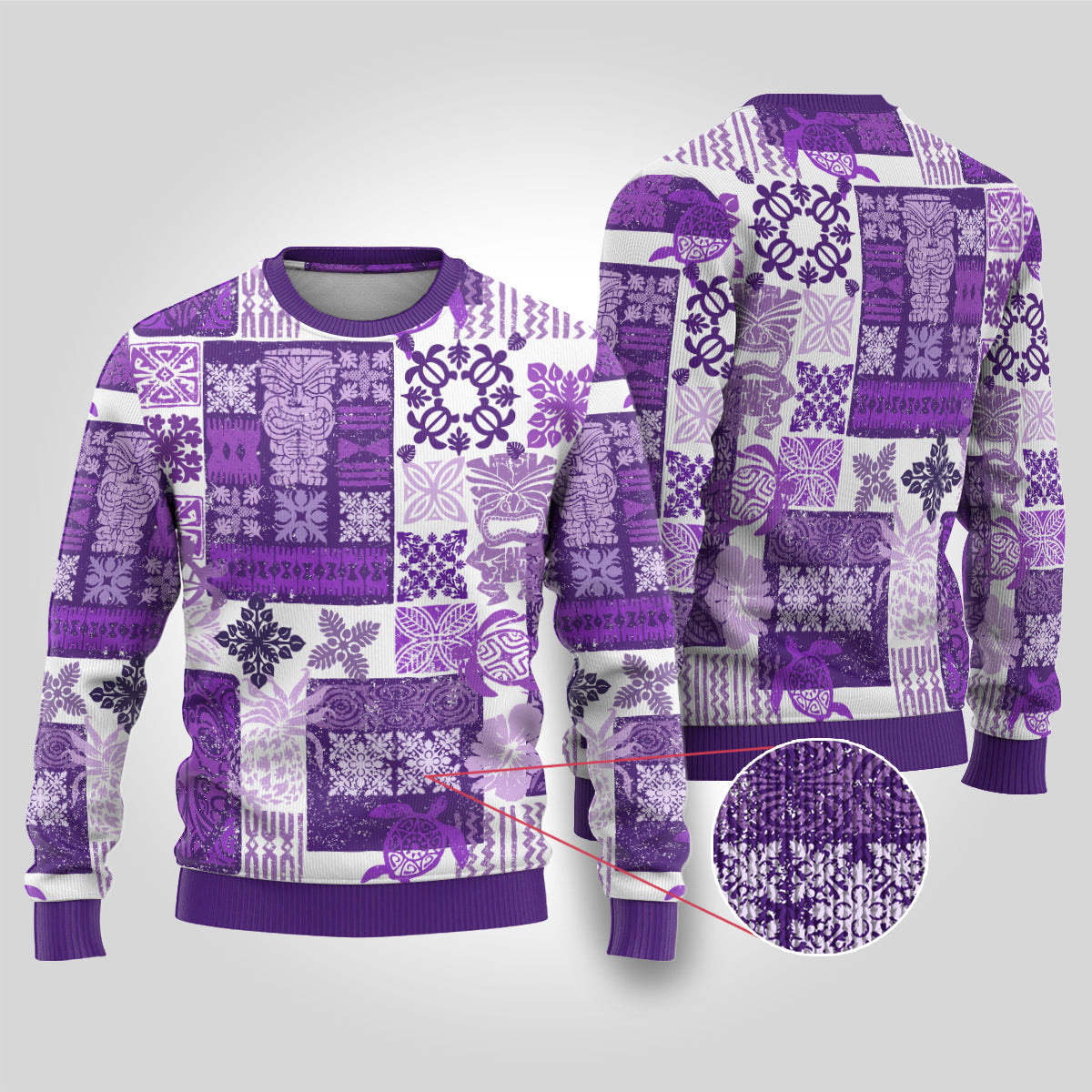 Hawaiian Quilt Ugly Christmas Sweater Tiki Tropical Retro Purple Version - Wonder Print Shop