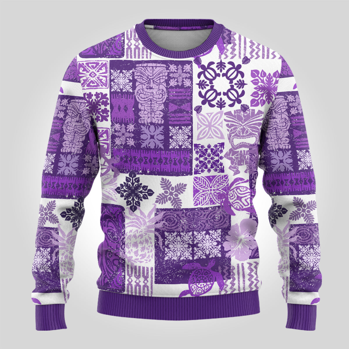 Hawaiian Quilt Ugly Christmas Sweater Tiki Tropical Retro Purple Version - Wonder Print Shop