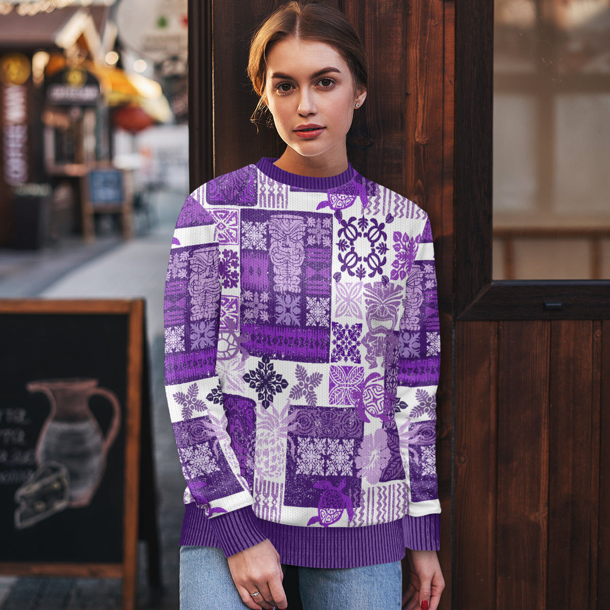 Hawaiian Quilt Ugly Christmas Sweater Tiki Tropical Retro Purple Version - Wonder Print Shop