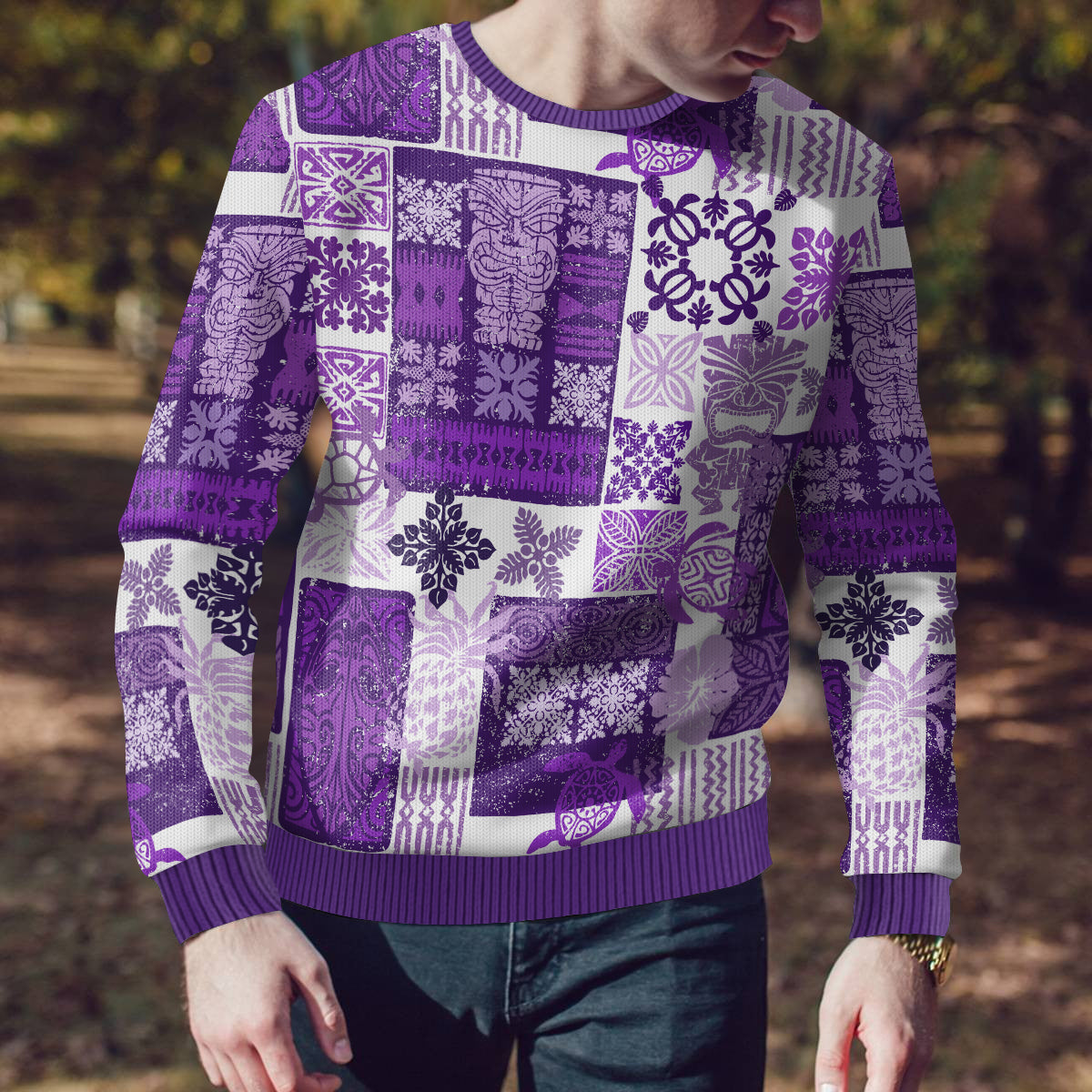 Hawaiian Quilt Ugly Christmas Sweater Tiki Tropical Retro Purple Version - Wonder Print Shop