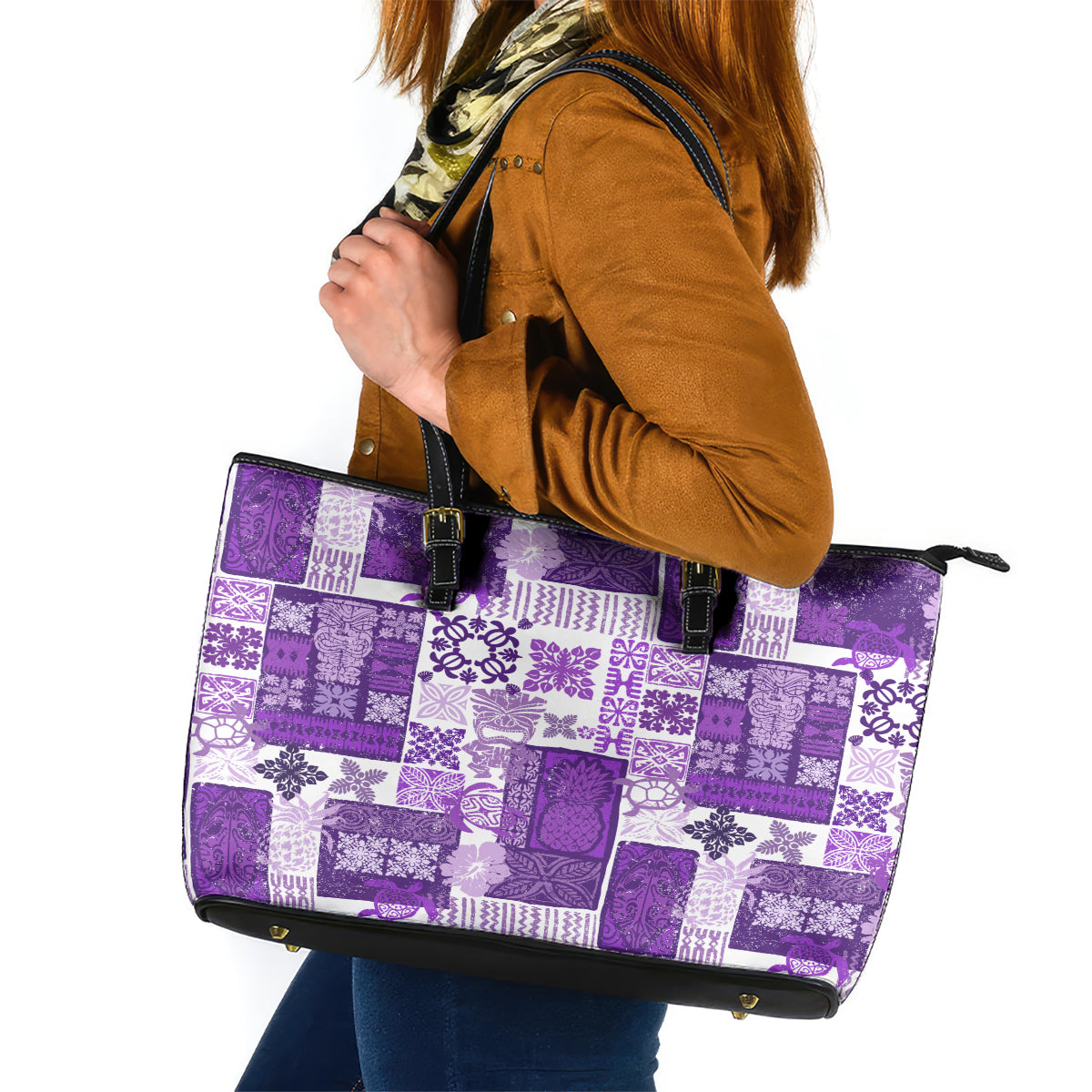 Hawaiian Quilt Leather Tote Bag Tiki Tropical Retro Purple Version - Wonder Print Shop