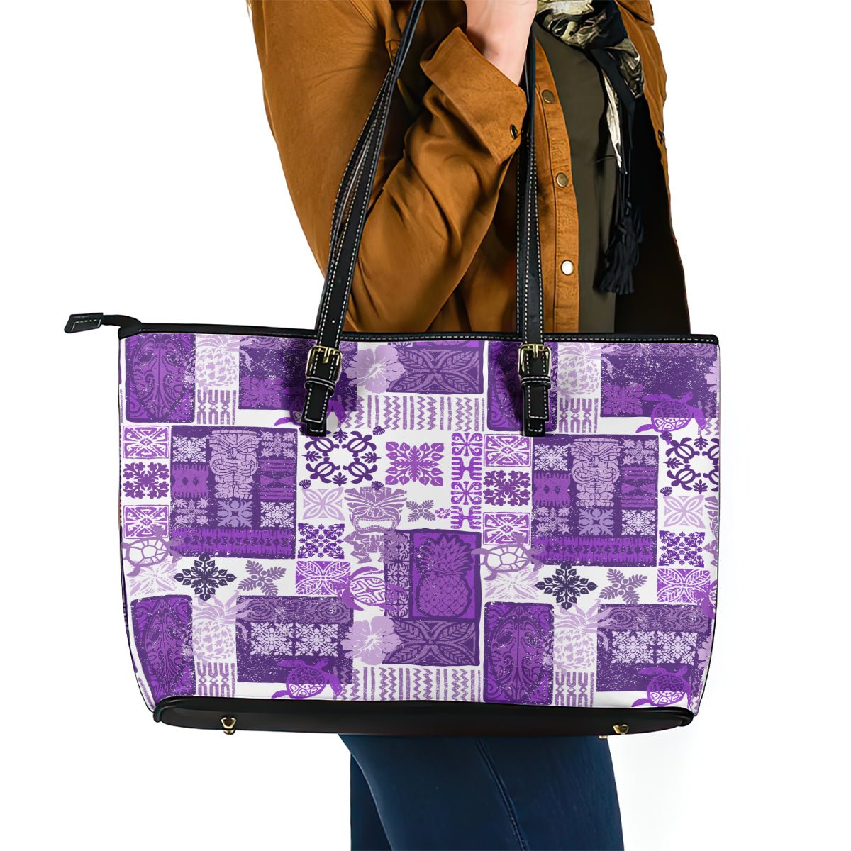 Hawaiian Quilt Leather Tote Bag Tiki Tropical Retro Purple Version - Wonder Print Shop