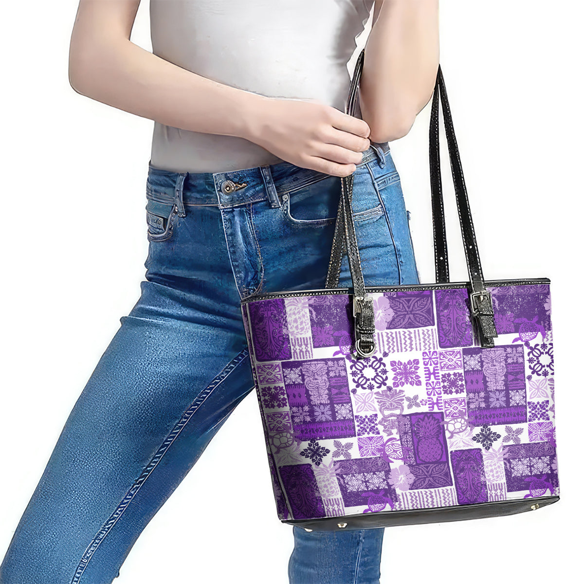 Hawaiian Quilt Leather Tote Bag Tiki Tropical Retro Purple Version - Wonder Print Shop