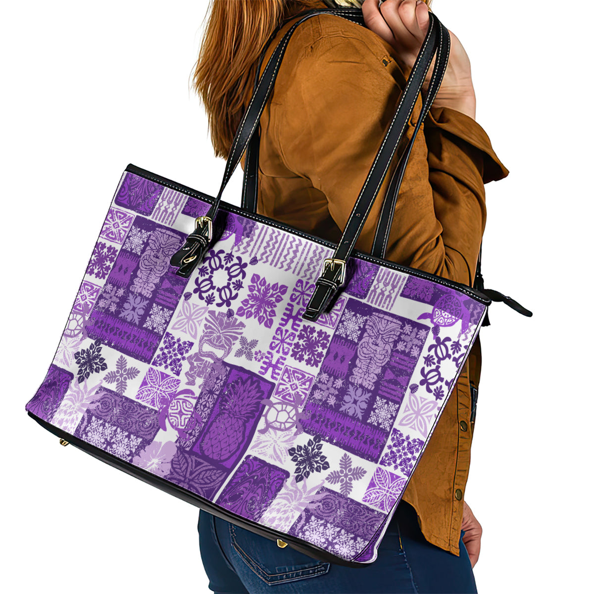 Hawaiian Quilt Leather Tote Bag Tiki Tropical Retro Purple Version - Wonder Print Shop