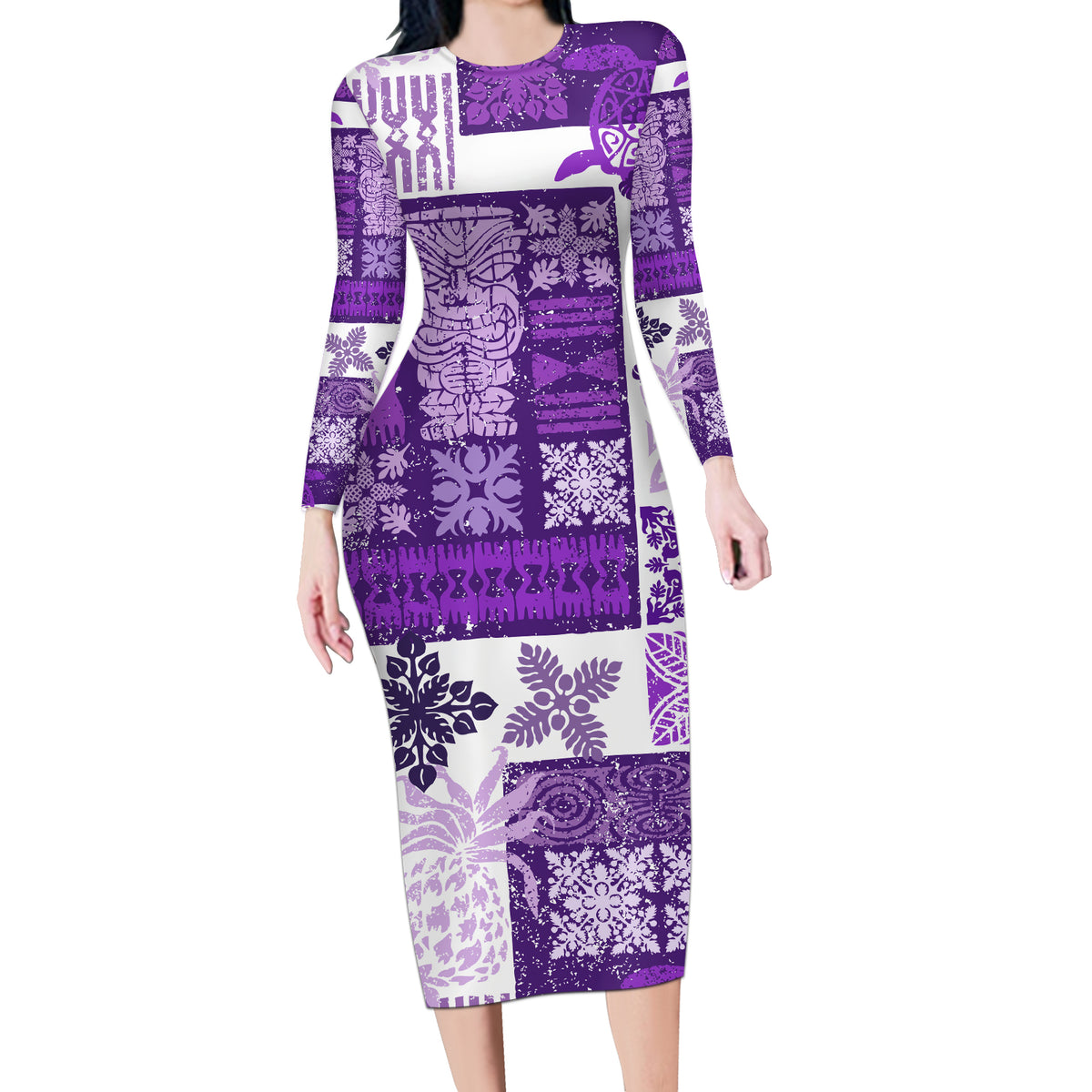 Hawaiian Quilt Long Sleeve Bodycon Dress Tiki Tropical Retro Purple Version - Wonder Print Shop