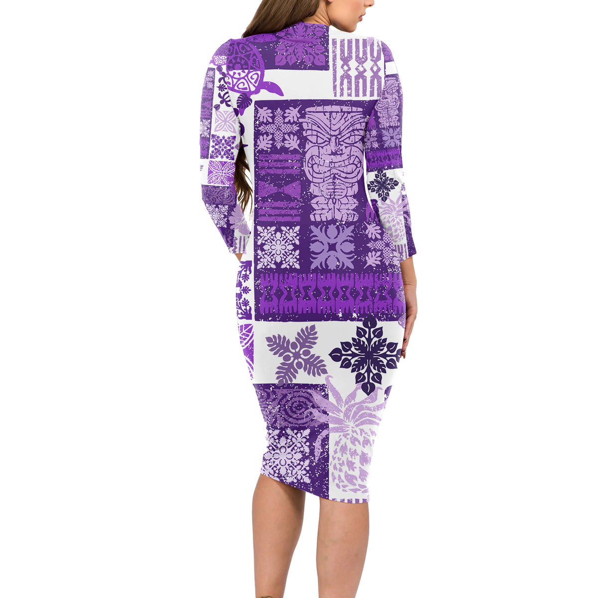 Hawaiian Quilt Long Sleeve Bodycon Dress Tiki Tropical Retro Purple Version - Wonder Print Shop