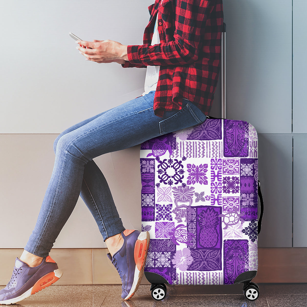 Hawaiian Quilt Luggage Cover Tiki Tropical Retro Purple Version - Wonder Print Shop