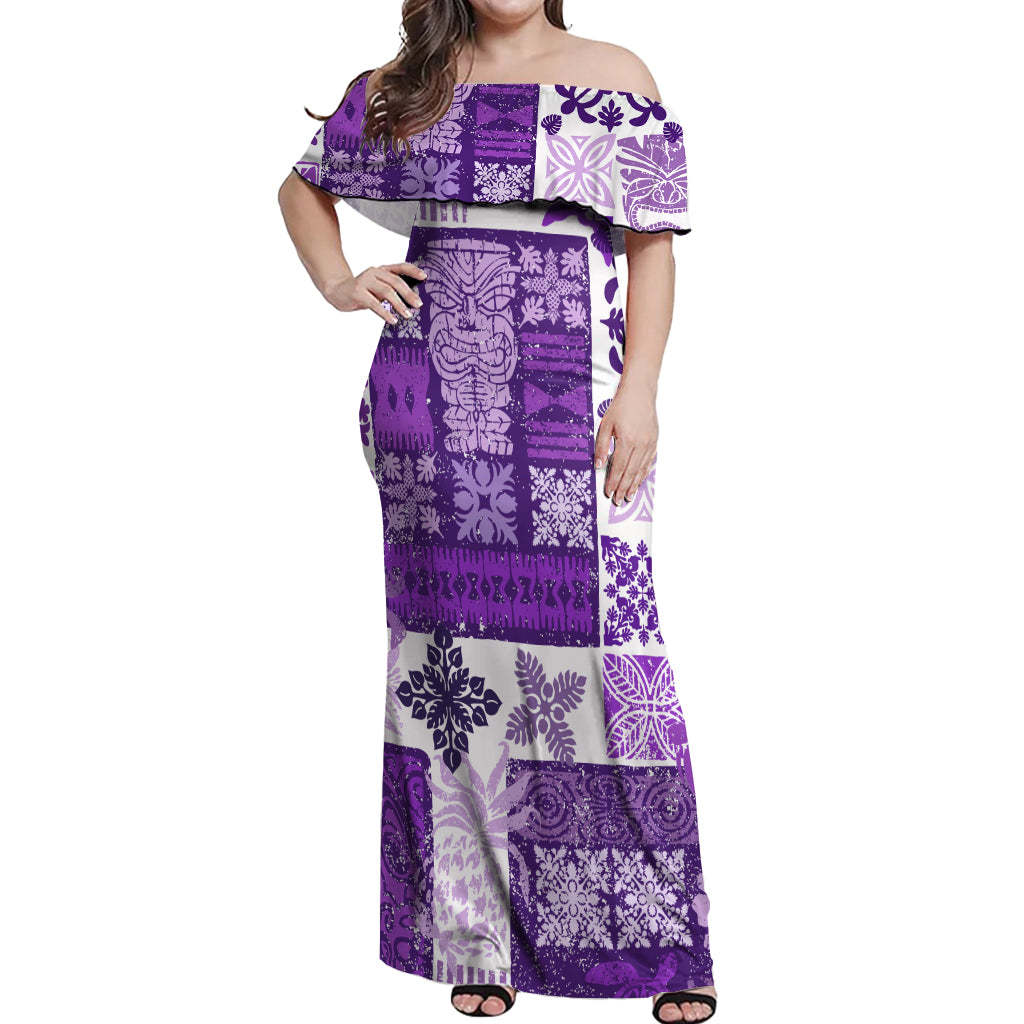 Hawaiian Quilt Off Shoulder Maxi Dress Tiki Tropical Retro Purple Version - Wonder Print Shop