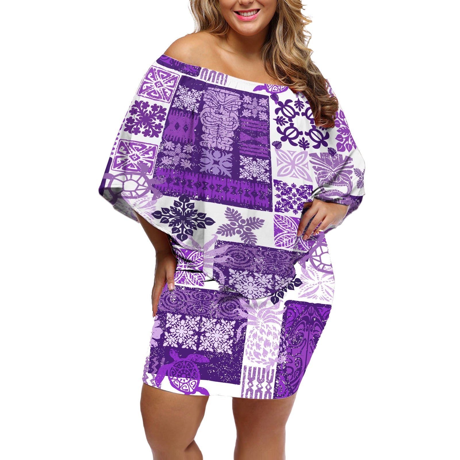 Hawaiian Quilt Off Shoulder Short Dress Tiki Tropical Retro Purple Version - Wonder Print Shop